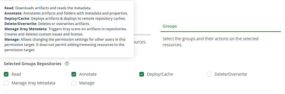 通用 Artifactory 权限界面中的 Read 与 Deploy/Cache 权限项